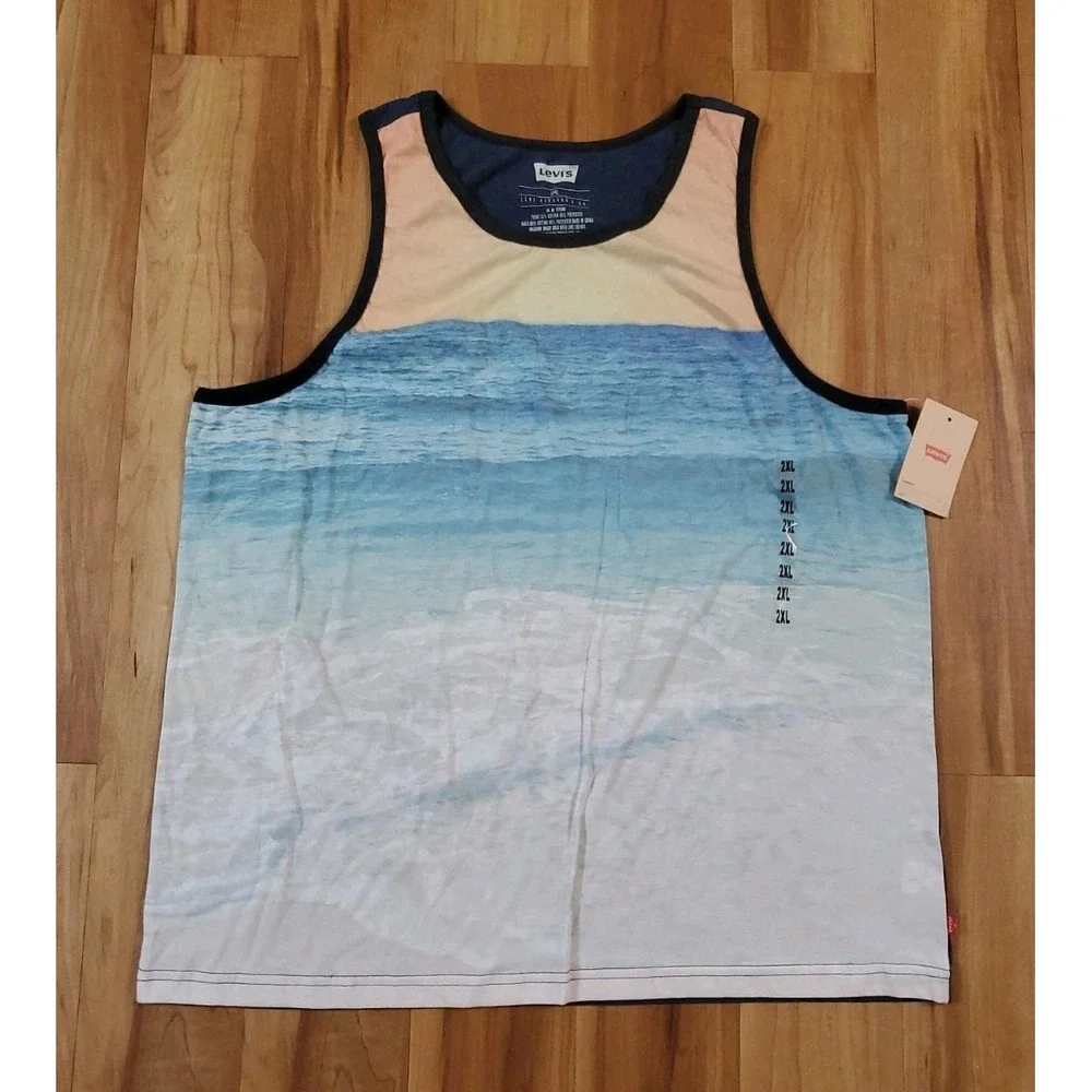 NEW Levi's Mens 2XL Ocean Beach Wave Sunset Graphic Tank Top Sleeveless Tee